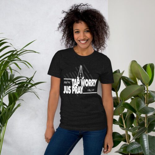unisex-staple-t-shirt-black-heather-front-68333c1c71775.jpg Faith Over Worry T-Shirt - Unisex Graphic Praying Tee