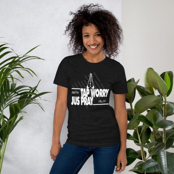 unisex-staple-t-shirt-black-heather-front-68333c1c71775.jpg Faith Over Worry T-Shirt - Unisex Graphic Praying Tee