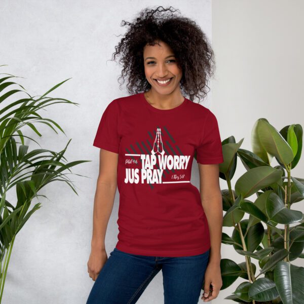unisex-staple-t-shirt-cardinal-front-68333e717211c.jpg Faith Over Worry T-Shirt - Unisex Graphic Praying Tee