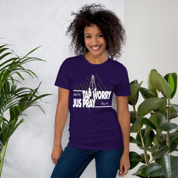 unisex-staple-t-shirt-team-purple-front-68333dec73614.jpg Faith Over Worry T-Shirt - Unisex Graphic Praying Tee