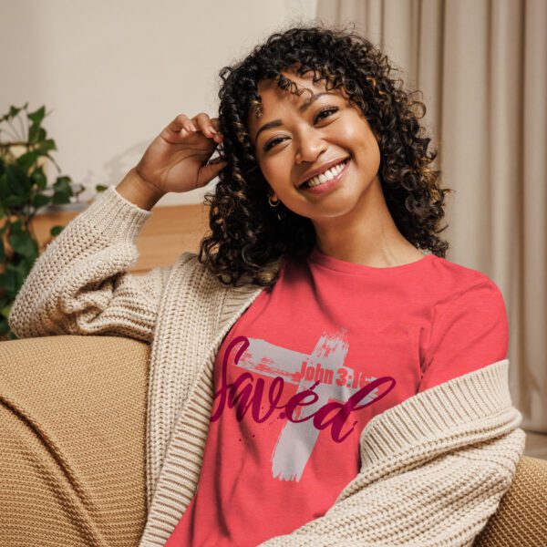 womens-relaxed-t-shirt-heather-red-front-683367be4e3fa.jpg Saved Women’s Relaxed Fit Christian T-Shirt – Rugged Cross Faith Design