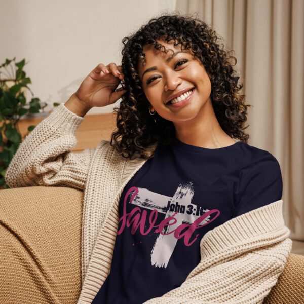 womens-relaxed-t-shirt-navy-front-68336d762db38.jpg Saved Women’s Relaxed Fit Christian T-Shirt – Rugged Cross Faith Design