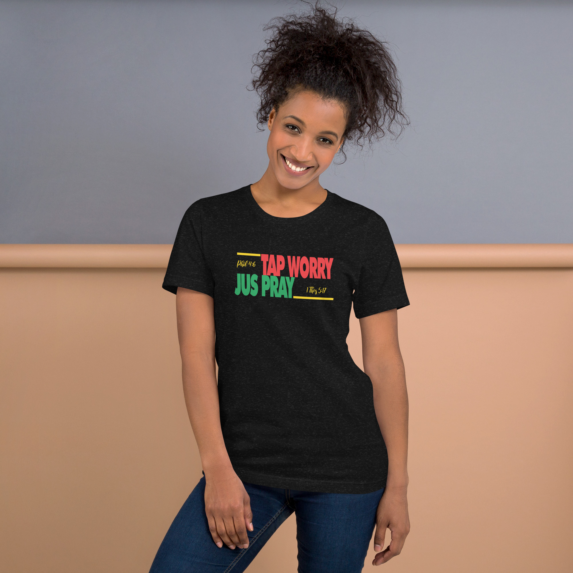 unisex-staple-t-shirt-black-heather-front-68ced9d106d94.jpg Faith Over Worry T-Shirt – Unisex Christian Tee
