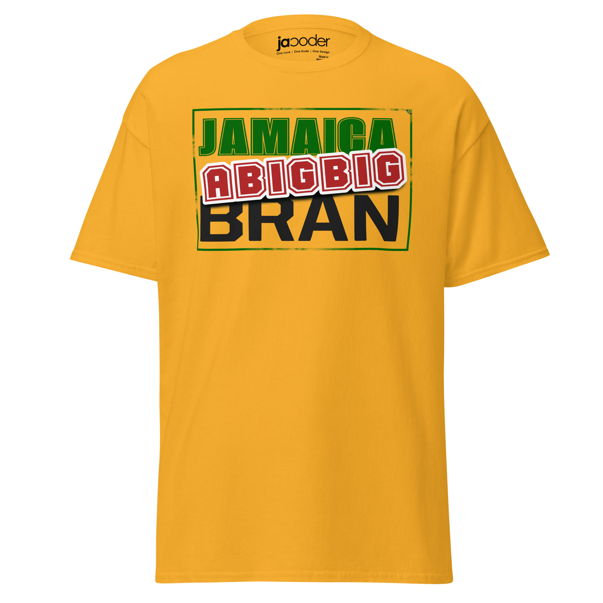 unisex-classic-tee-gold-front-68f05190cdf24.jpg Jamaica A Big Big Brand T-Shirt – Bold Island Pride Streetwear