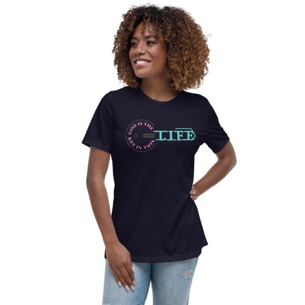 womens-relaxed-t-shirt-navy-front-68f5814a16a50.jpg God Is The Key In This Life – Women’s Christian Tee