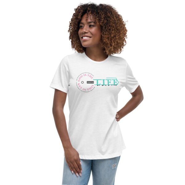 womens-relaxed-t-shirt-white-front-68f5814a17062.jpg God Is The Key In This Life – Women’s Christian Tee